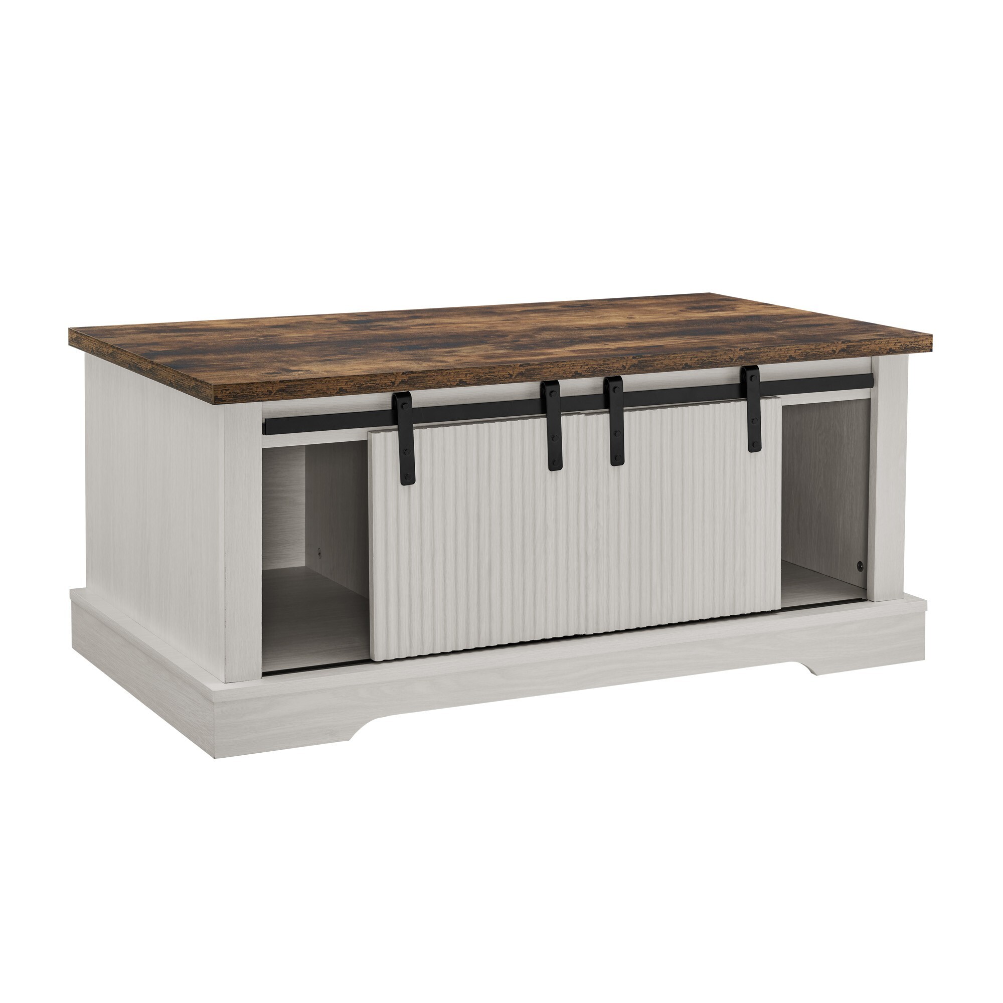 DEALTOPS Rustic Farmhouse Coffee Table with Sliding Barn Doors, Modern Accent Furniture, Antique White
