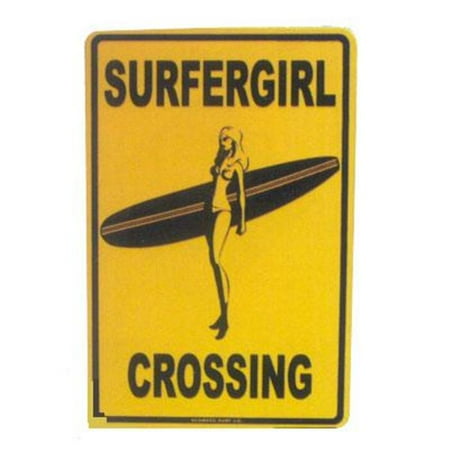 Paradise Surf Sign - Seaweed Surf Co SF23 12X18 Aluminum Sign Surfergirl Crossing Yellow