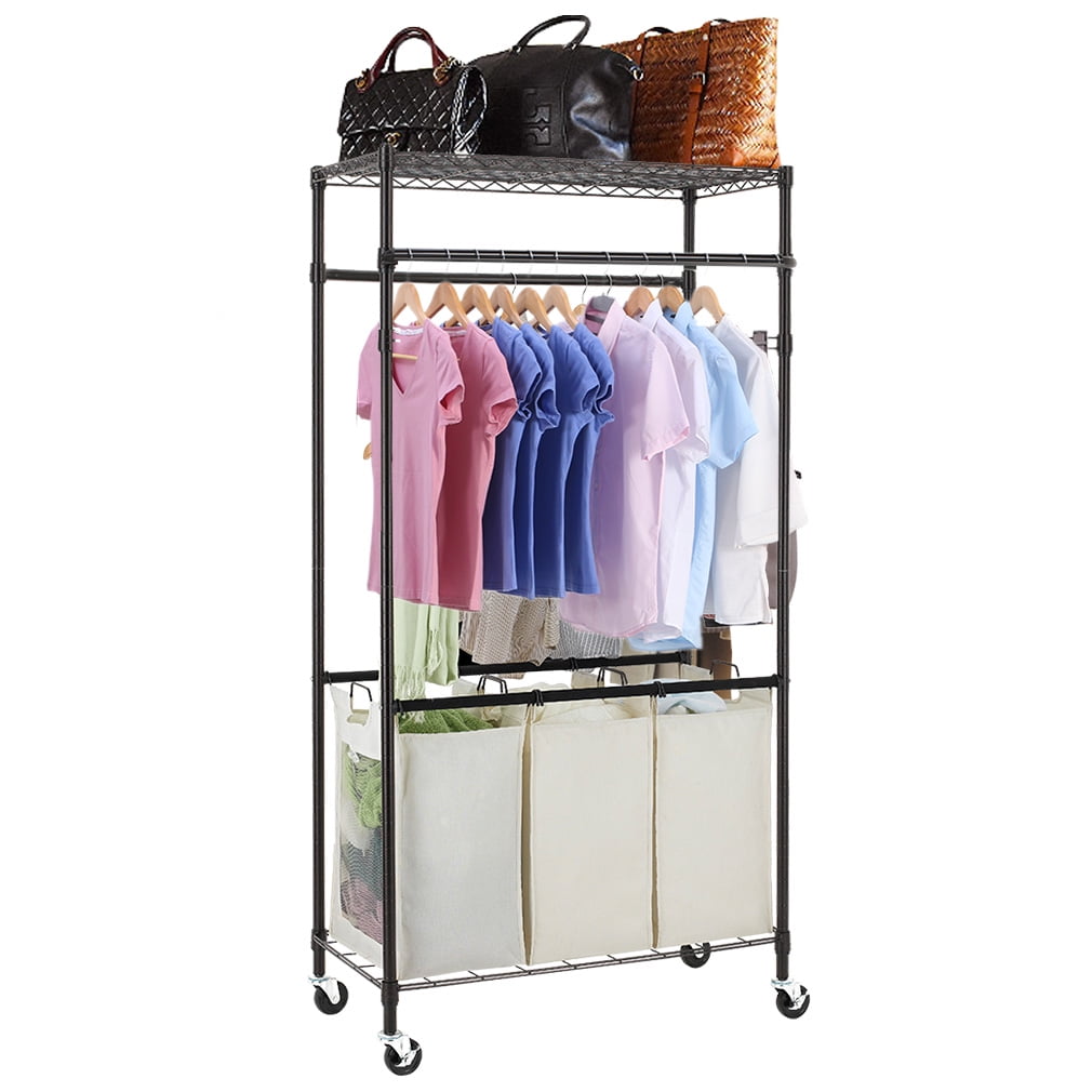 Metal Adjustable Double Hanging Rods Portable Clothes Rack on Wheels and Shelves Type A Heavy-Duty Garment Rack Black