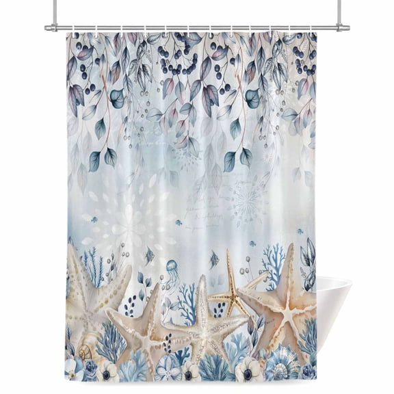 Coastal Marine Life Shower Curtain, Beige Starfish Blue Plant Leaves Gradient Waterproof Shower Curtain Set with 12 Hooks Lightweight Bath Curtains Fabric Bathroom Decor 48x72 Inches