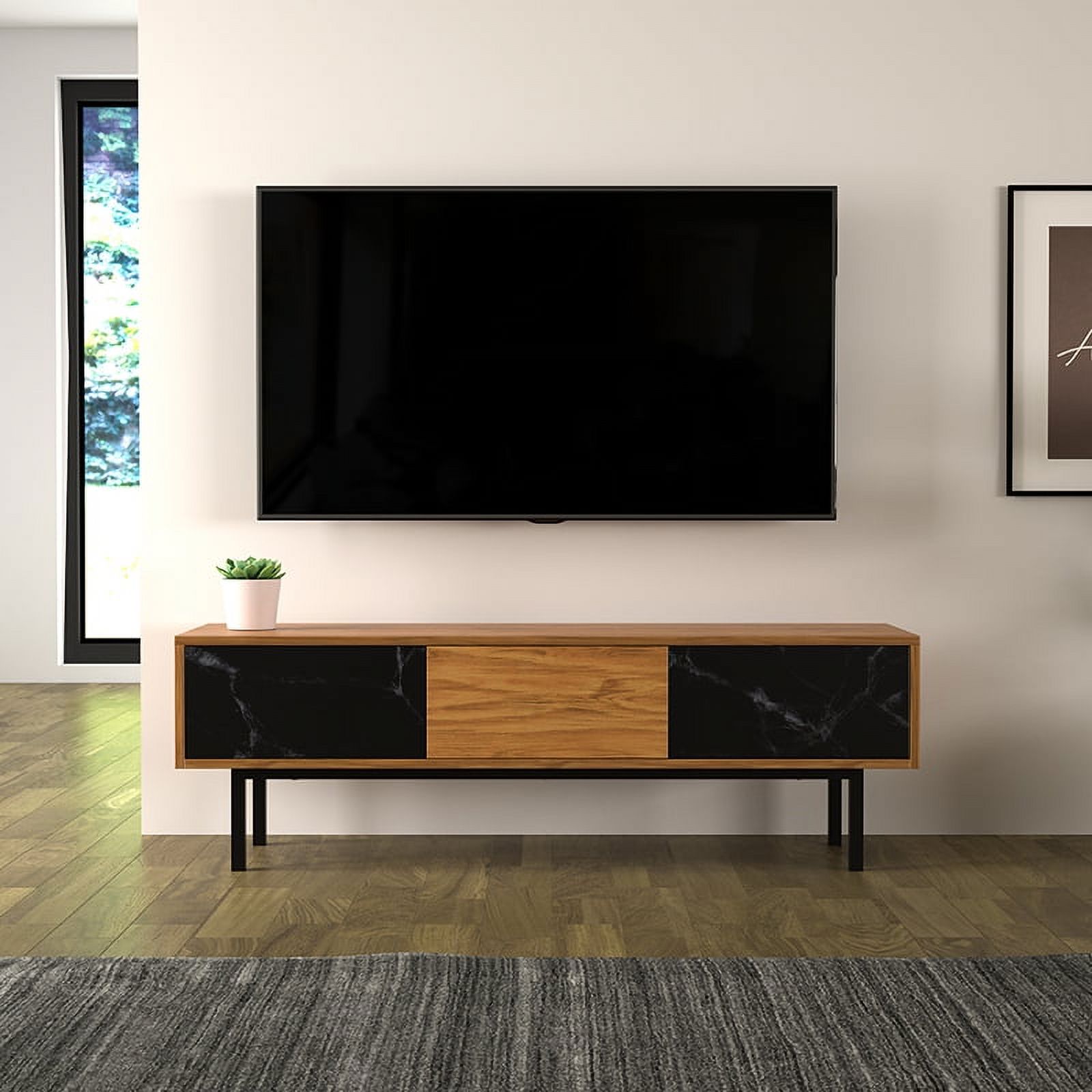FS1400SKYW-A Skyline TV Stand for TVs 32”, 37”, 39”, 40”, 42”, 46”, 47”, 50”, 52”, 55”, 58”, 60”, 65”, Walnut Finish, plus Black Marble-Effect Doors, Includes Cable Management. - image 3 of 3