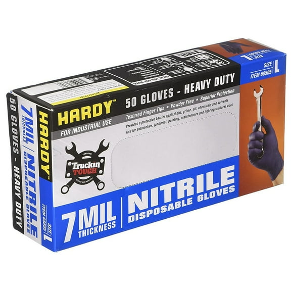7 Mil Large Nitrile Gloves : Box of 50 : Heavy Duty for Industrial Use : Powder & Latex Free