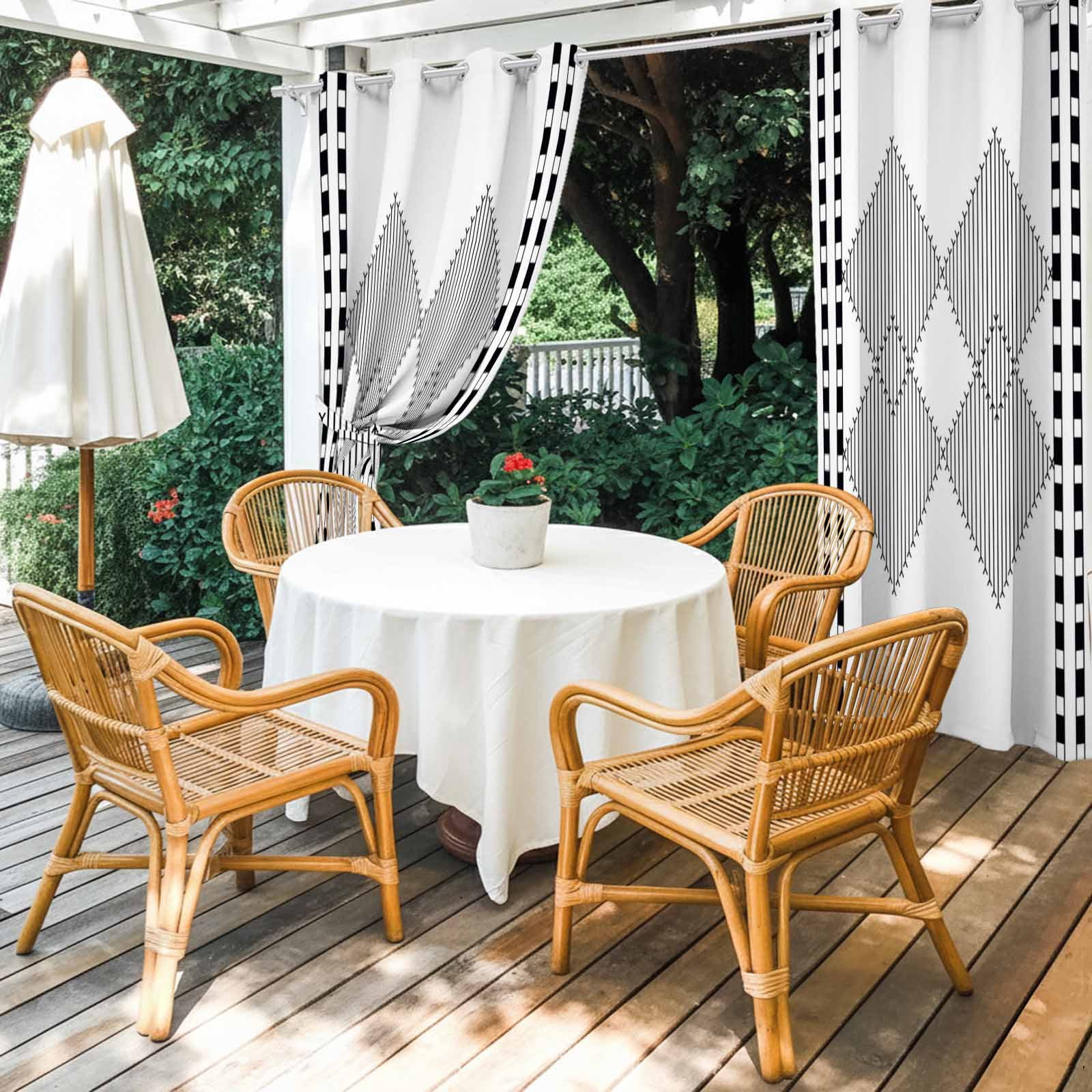 Modern Black and White Outdoor Curtains for Patio, Striped Diamonds Checkered Border Art Sunshade Privacy Drapes Grommet Waterproof Outside Curtains for Porch/Cabana/Balcony 54"x 108", 1 Panel