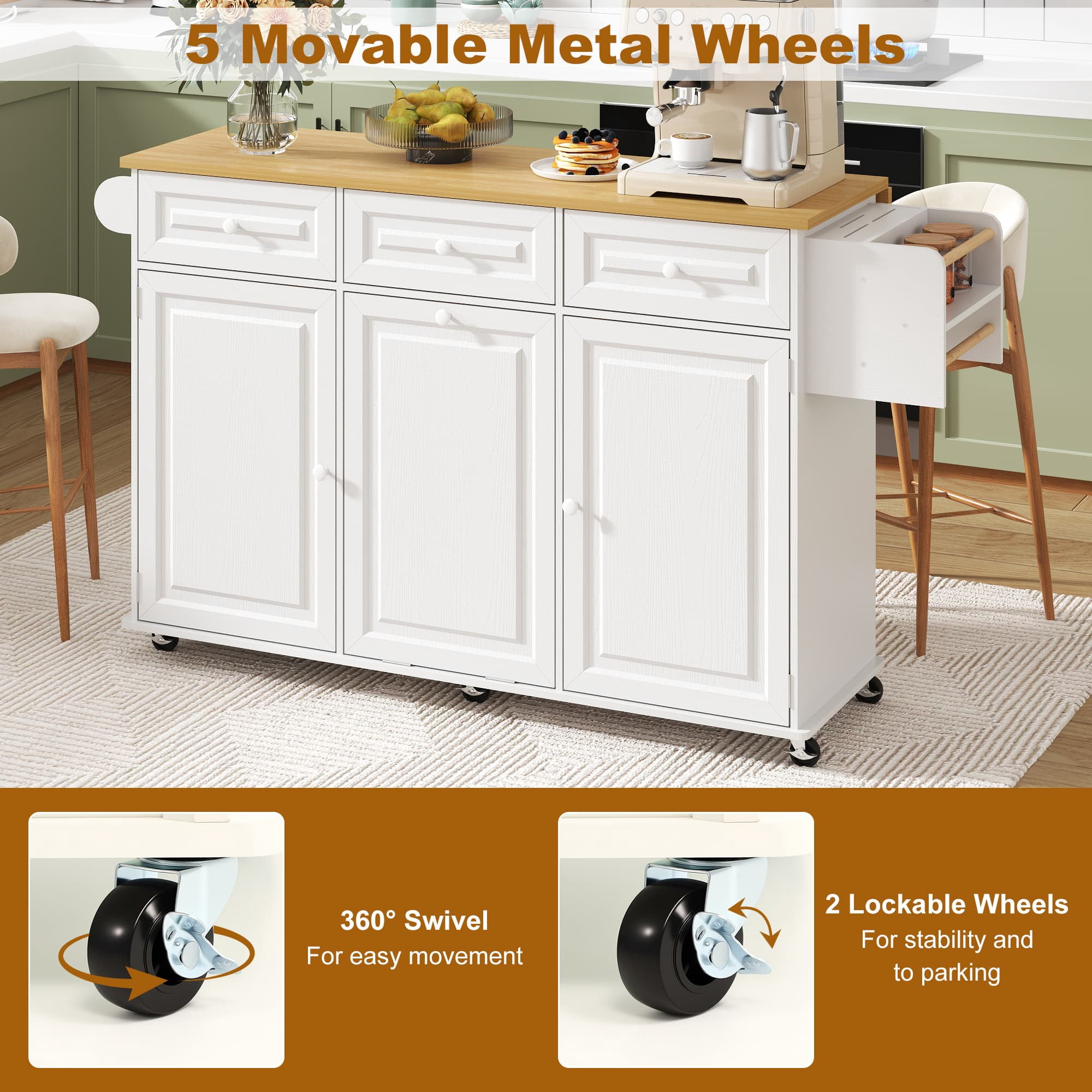 ANPOO Rolling Large Kitchen Island Cart with Sliding Drop Leaf, Trash Can Storage & Power Outlet, 7 Spice Racks, 63" White