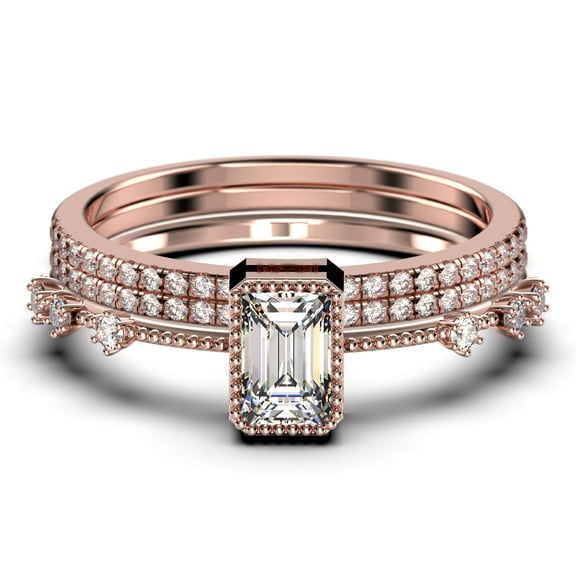 2.25 Carat Emerald Cut Diamond Moissanite Thin Engagement Ring, Slim Wedding Ring in 925 Sterling Silver With 18k Rose Gold Plating Trio Rings Set, Promise Ring, Anniversary Ring