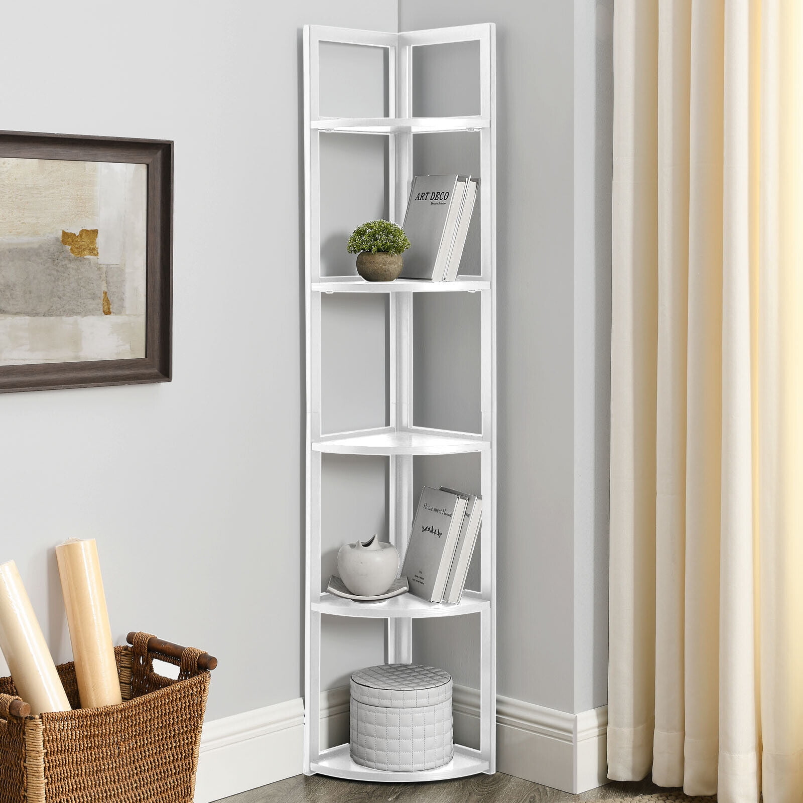 SWAREY 5 Tiers Corner Shelf Corner Bookshelf Tall Corner Storage Stand White