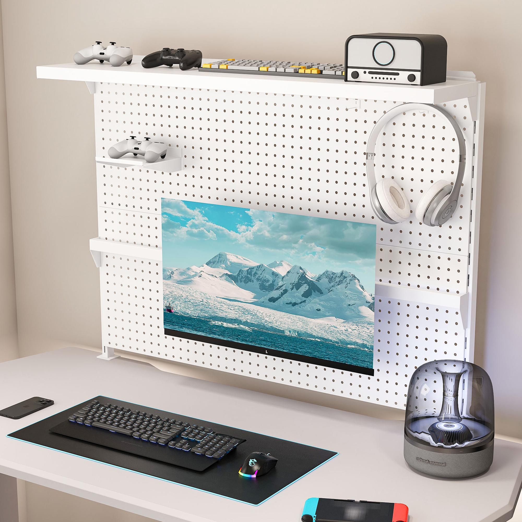 Montary Gaming & Office Desk Organizer with Dual Monitor Stand, 43x35" Metal Pegboard Privacy Panel, White