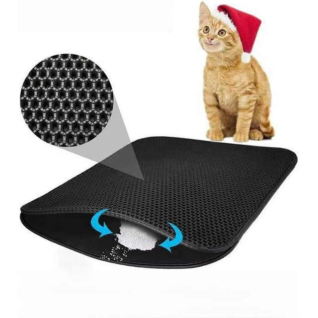 HELIAHOO Tapis de Litière pour Chat Facile à Nettoyer : Petit Tapis de Bac à Litière pour Sol, Tapis de Capture de Litière en Plastique, Matériau Écologique en EVA (Noir, 24x15 Po) CJ912-64526
