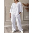 thumbnail image 4 of Womens Cotton Linen 2 Piece Sets V Neck Button Down Long Sleeve Shirt Wide Leg Trouser Sets with Pockets White 4XL, 4 of 5