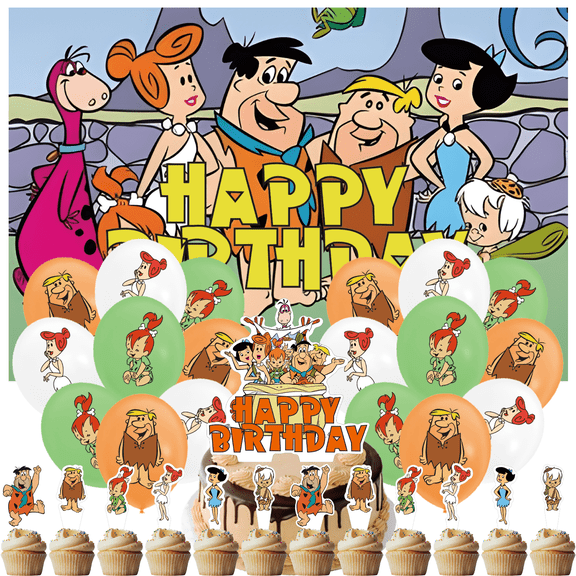 32PCS For Flintstones Theme Kids Celebration Party Kit Supplies with 18 Balloons,13 Cupcake Toppers,5*3ft Birthday Backdrop Decorations,All-in-One Birthday Party Decorations Set