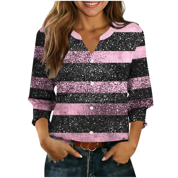 Camisetas de Cuello de Tripulación de Manga Larga para Hombres Moda de Mujer Primavera Y Verano Botón Arriba Cardigan 3/4 Cuarto de Manga Chaqueta Cuello en V Top Mujer Camisetas de Manga Larga Algod