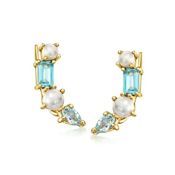 Ross-Simons 3-4mm Cultured Pearl and .70 ct. t.w. Swiss and Sky Blue Topaz Ear Climbers in 18kt Gold Over Sterling, Women's, Adult
