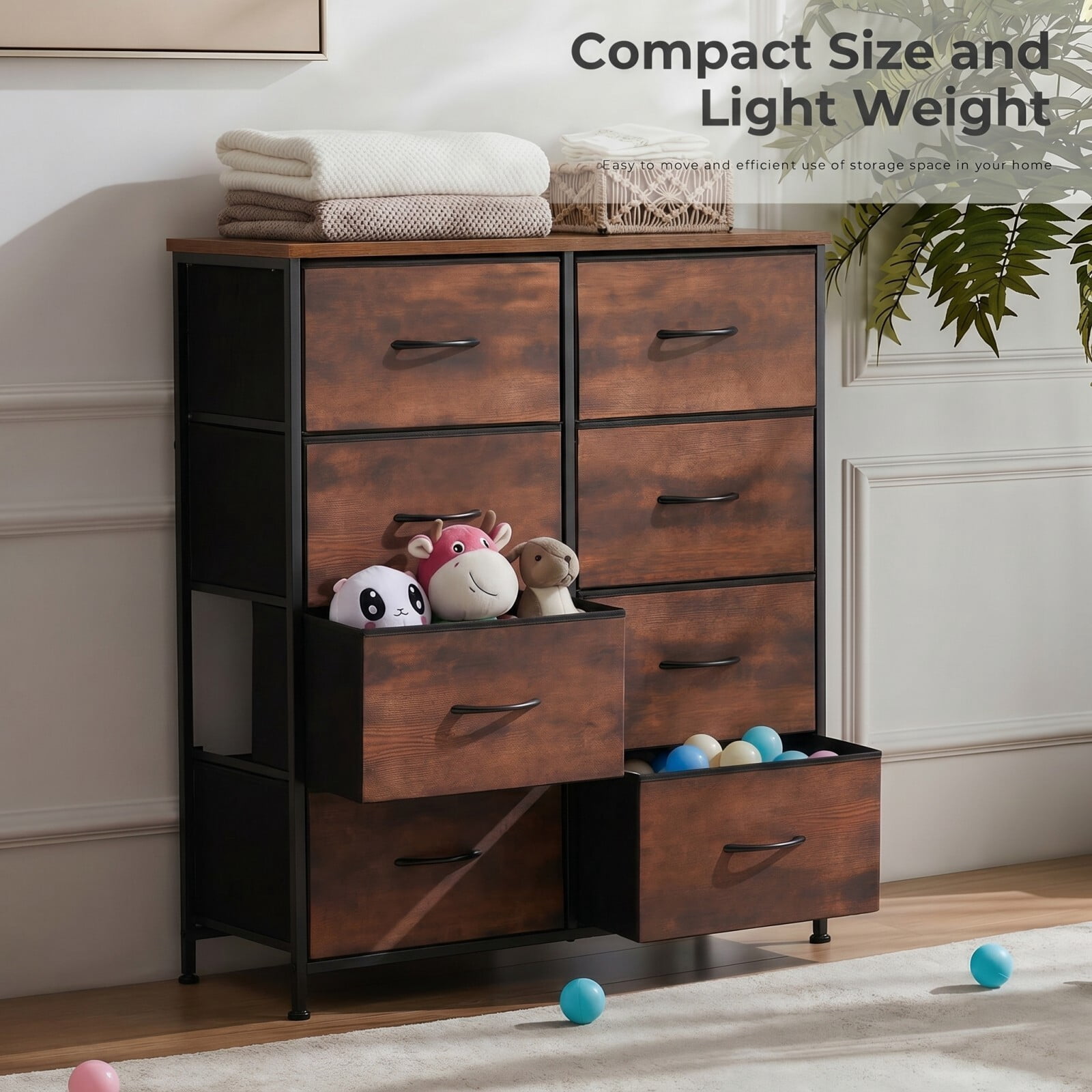 BEAUTYPEAK 8 Drawers Fabric Dresser Bedroom Storage Chest with Wood Top Adjustable Feet, Rustic Brown