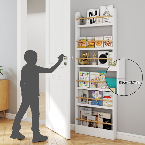 VGBYUJ Behind The Door Bookshelf, 6 Tier Slim Bookcase for Narrow Space, Space-Saving Wall Mount Narrow BookShelf for Bedroom Living Room Kitchen, White