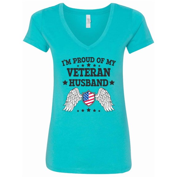 Inktastic I'm Proud of My Veteran Husband with Shield American Flag and Angel Wings Women's V-Neck T-Shirt