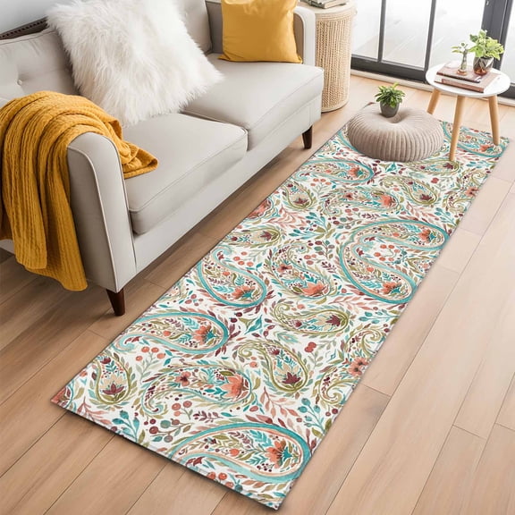 Runner Rug 2 x 6 Ft, Boho Flower Washable Non-Slip Floor Mat for Kitchen Hallway/Entryway, Spring Watercolor Botanical Paisley Floral Leaf Long Kitchen Runner Area Rugs for Living Room, Low-Profile