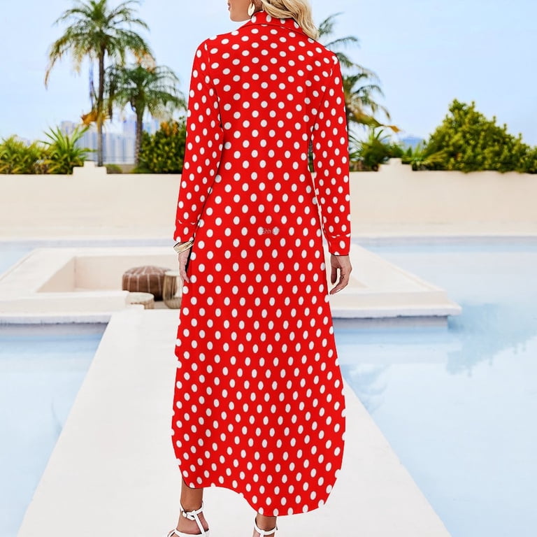 2024 White Polka Dots Casual Dress Retro Print Street Fashion Dresses Long  Sleeve Modern Female V Neck Custom Big Size Chiffon Dress - Walmart.com
