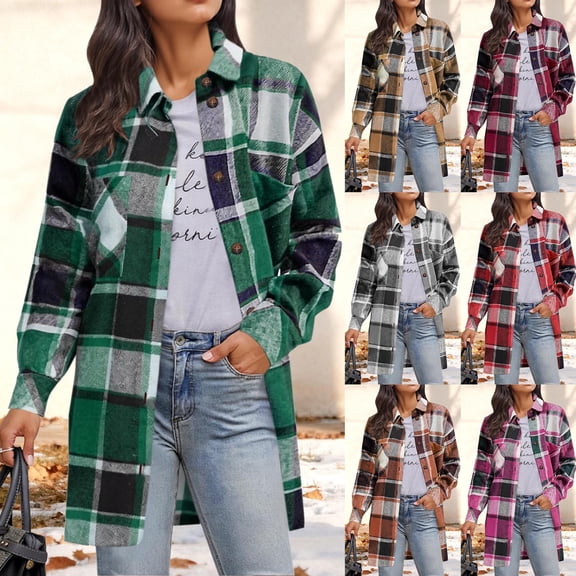 HomeDM Womens Button Down Plaid Long Shirts Collared Long Sleeve Fall Winter Shacket Jacket with Pockets - Green/L