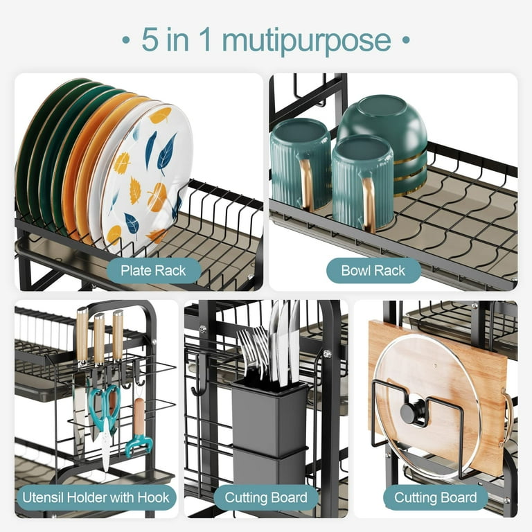 Dish Drying Rack 2 Tier Rust Resistant Dish Rack Small Dish Drainer with Drainboard Tray and Utensil Holder for Kitchen Countertop Saving Space Black Walmart