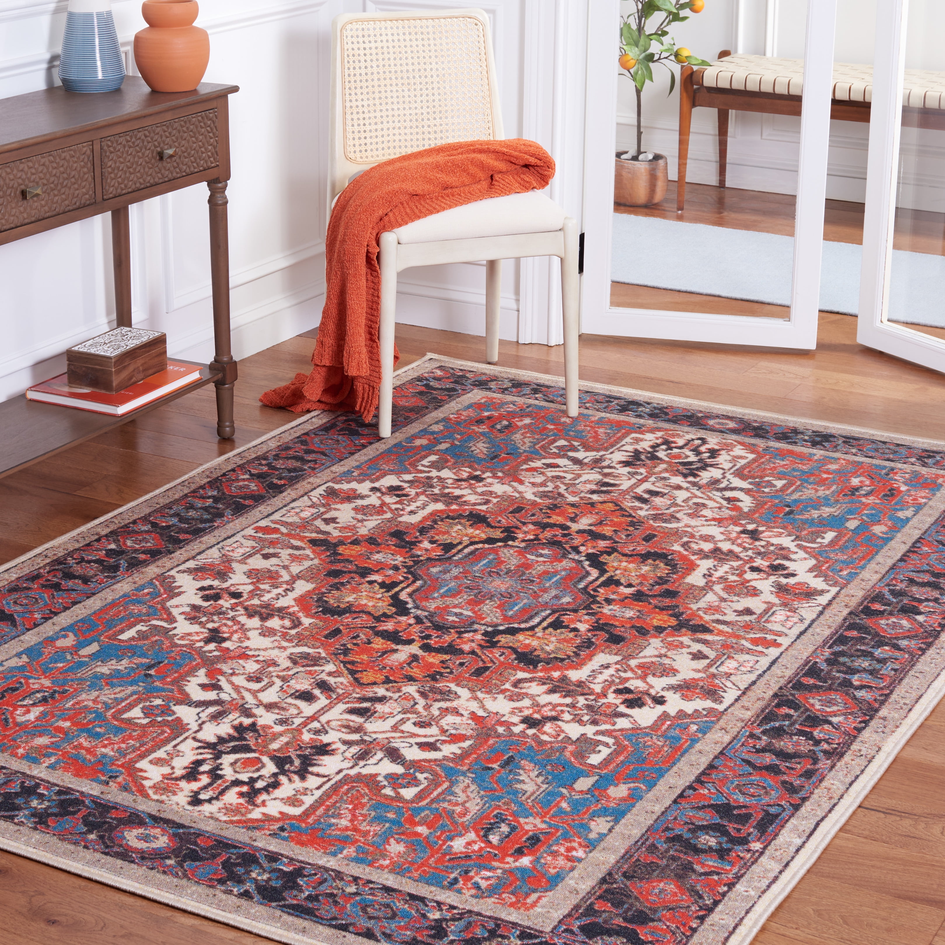 SAFAVIEH Journey Casey Oriental Machine Washable Area Rug, Ivory/Red, 4'4" x 6'