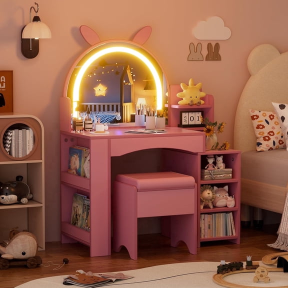 PAKASEPT Kids Vanity with Lights, 2 in 1 Princess Makeup Vanity Desk with Open Bookshelf, Shelves, Toddler Vanity Table & Chair Set with Lighted Mirror for Little Girls