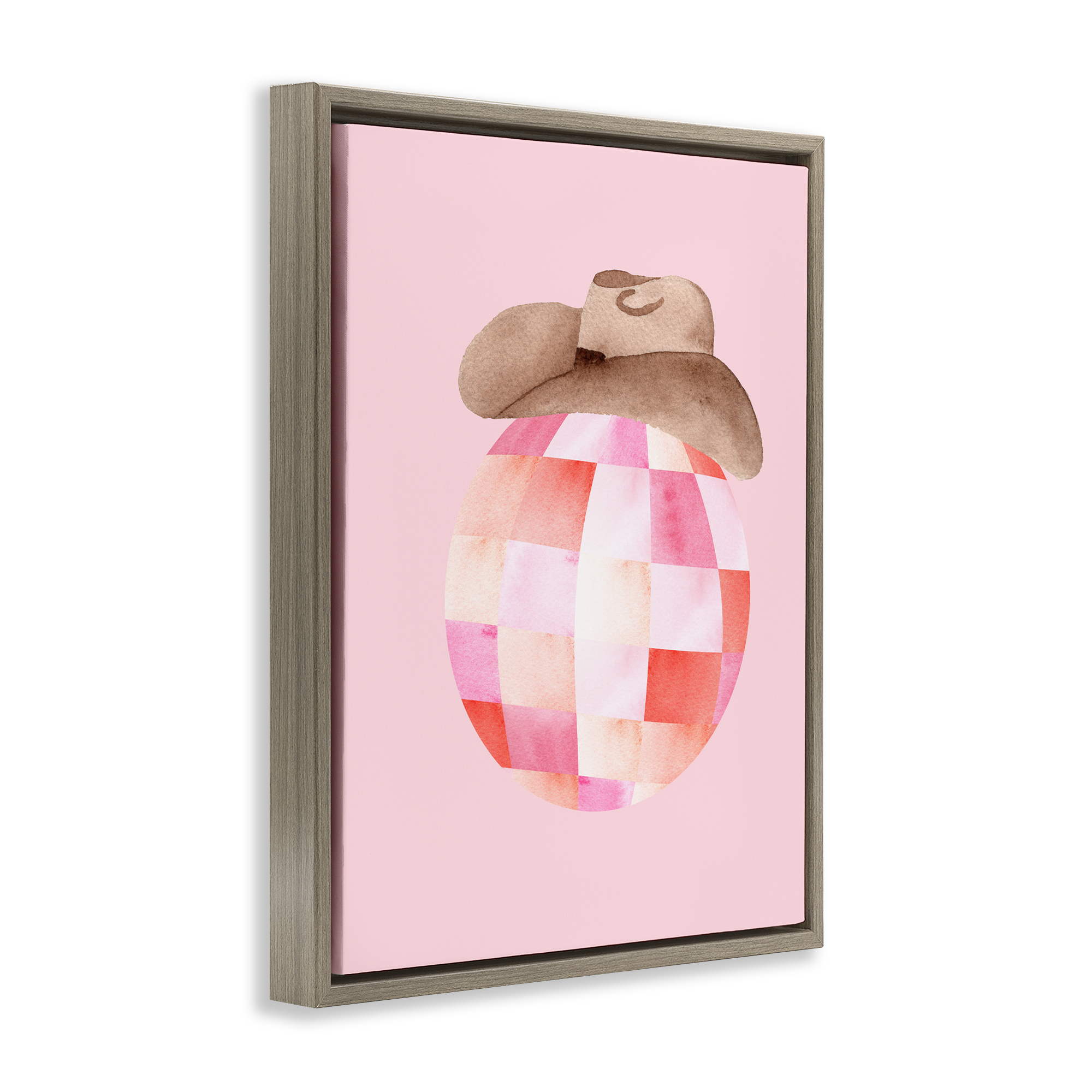 Rosy Disco Cowgirl Hat Brown Framed Floater Canvas Wall Art, design by Nina Jacobs