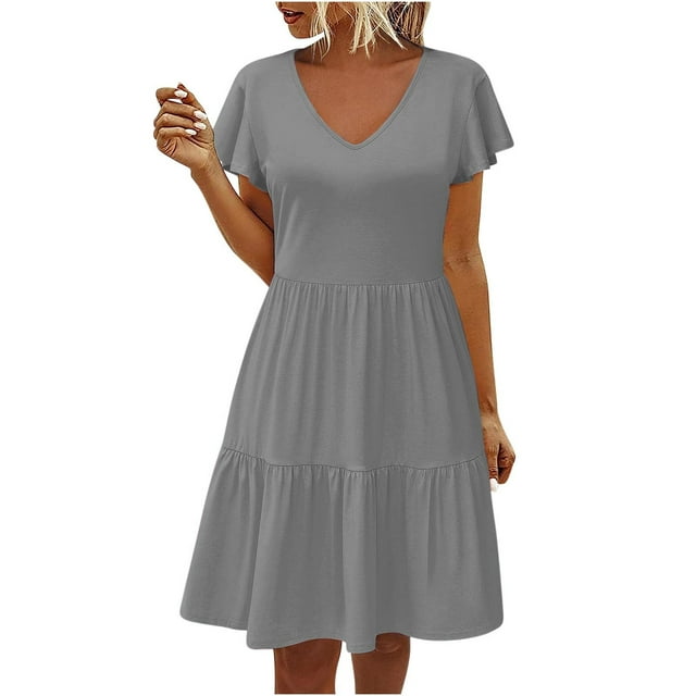 AherBiu Robes Boho pour Femmes Manches Courtes Col en V à Volants Robe d'Été Fluide de Plage avec Poche