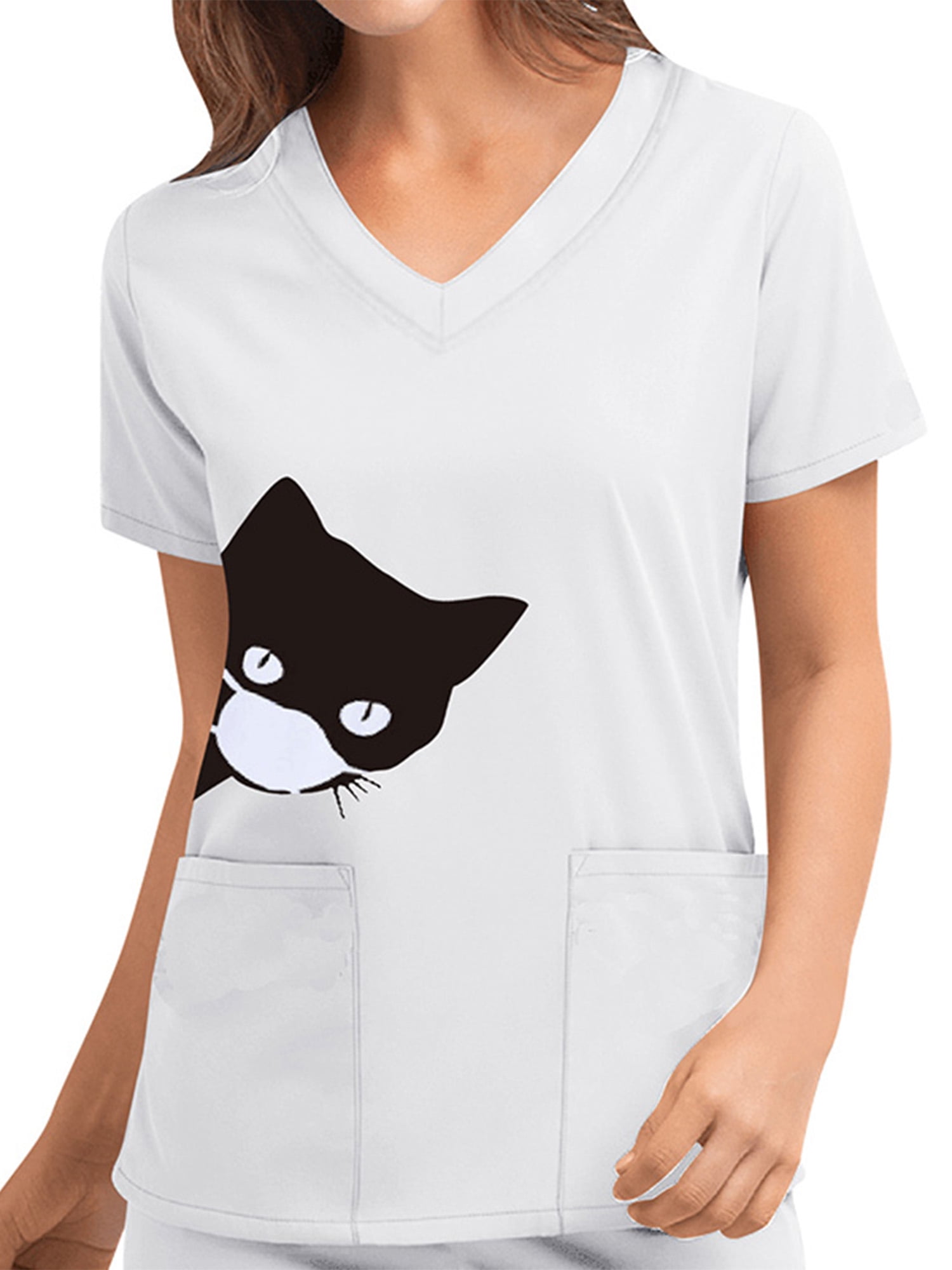 Womens Tops Miuye Summer Cute Cat Print Tops Short Sleeve T-Shirts Blouse Tunic Graphic tees Tanks 