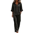 thumbnail image 2 of LEKODE Halter Neck Linen Set for Women 2 Piece Sets Ruffle Tops Short Sleeves Soft Fabric Breathable Stretchy Gauze Blouses Tops 3/4 Sleeve Casual Sets for Women Airport Travel Outfit Black XL, 2 of 4
