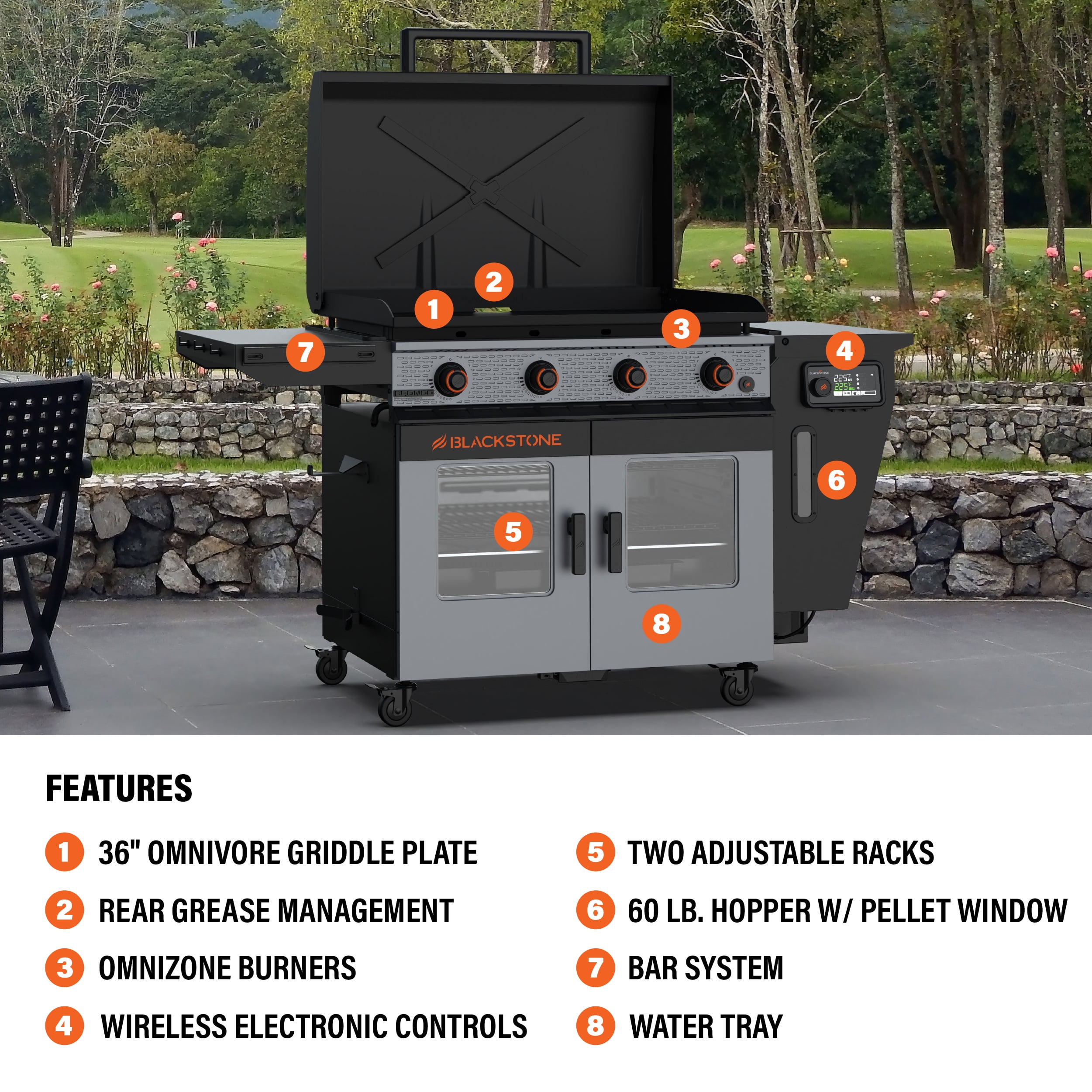Blackstone Bronco Outdoor Combo Griddle, 36 Inch 4-Burner Flat Top Grill with Vertical Pellet Smoker
