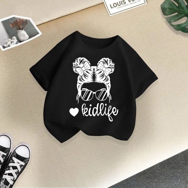 CHAOLEI T-Shirt Graphique Mignon pour Filles, Col Rond, Manches Courtes, Été, Décontracté, Noir, 11-12 Ans