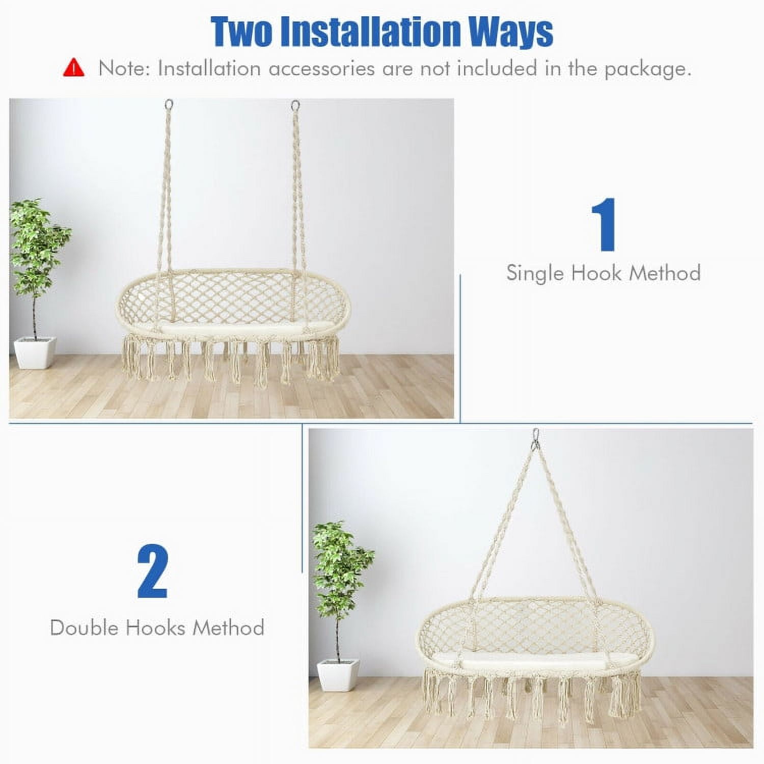 Aimee Lii 2 Person Hanging Hammock Chair with Cushion Macrame Swing, Patio Swing Chair, Beige