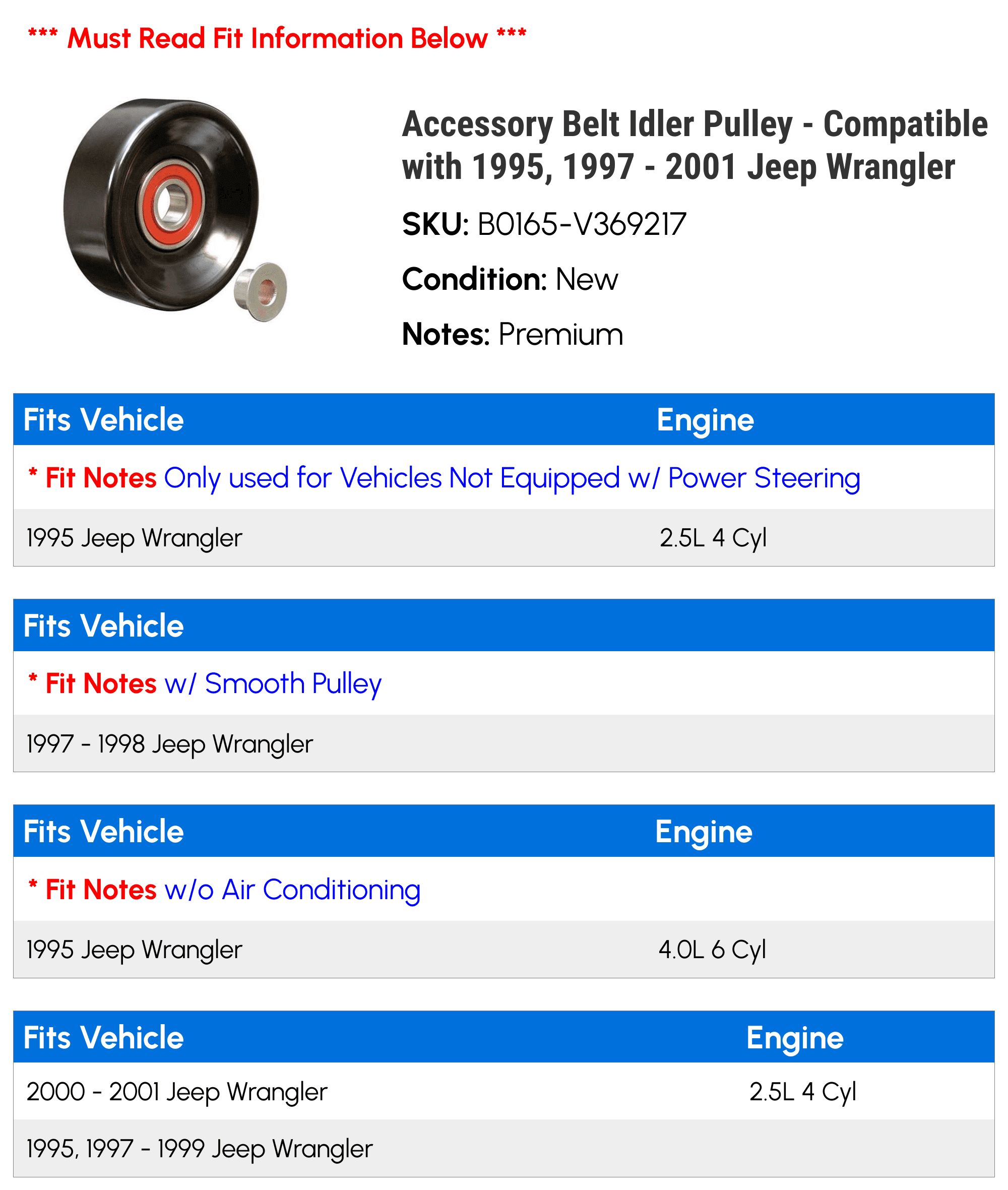 Accessory Belt Idler Pulley - Compatible with 1995, 1997 - 2001 Jeep Wrangler 1998 1999 2000