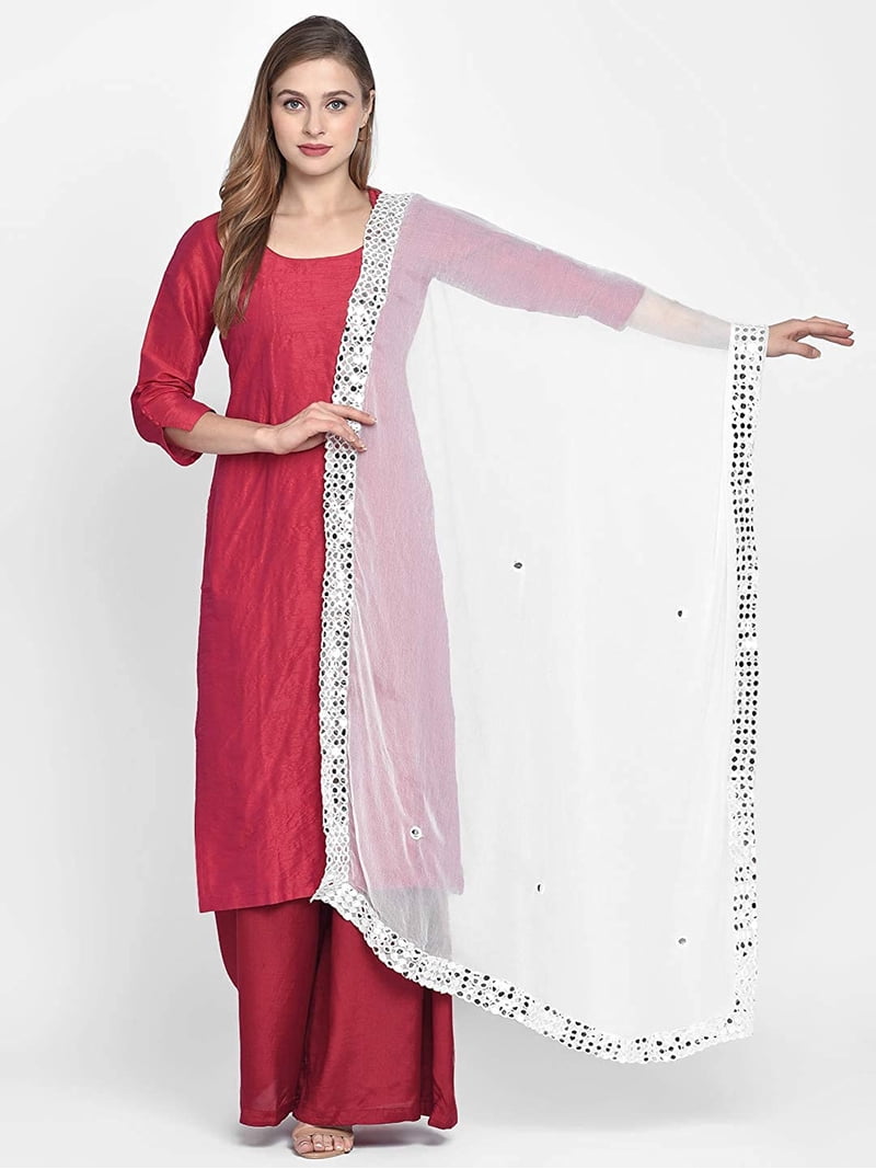 DUPATTA BAZAAR Donna Ricamato Chiffon Bianco Dupatta Free, bianco