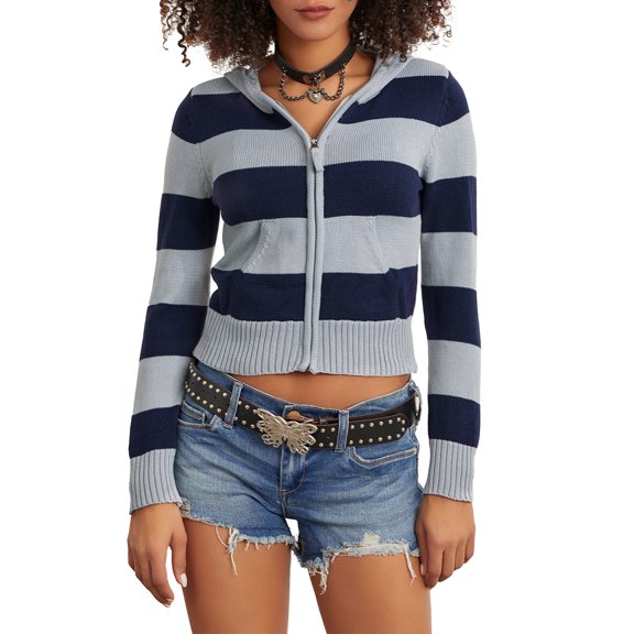 Lamuusaa Women Fashion Stripe Hoodies Zipper Long Sleeve Sweater Pocket Slim Casual Soft Knit Coat