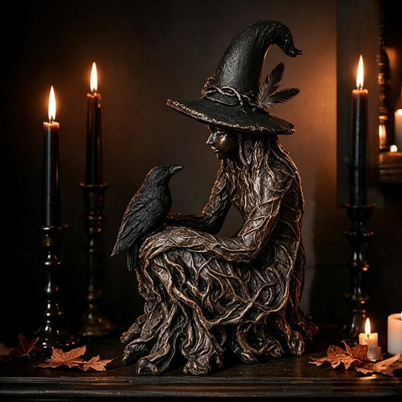 Gothic Witch and Raven Statue, Dark Academia Resin Figurine Home Decor, Occult Tabletop Decor for Halloween