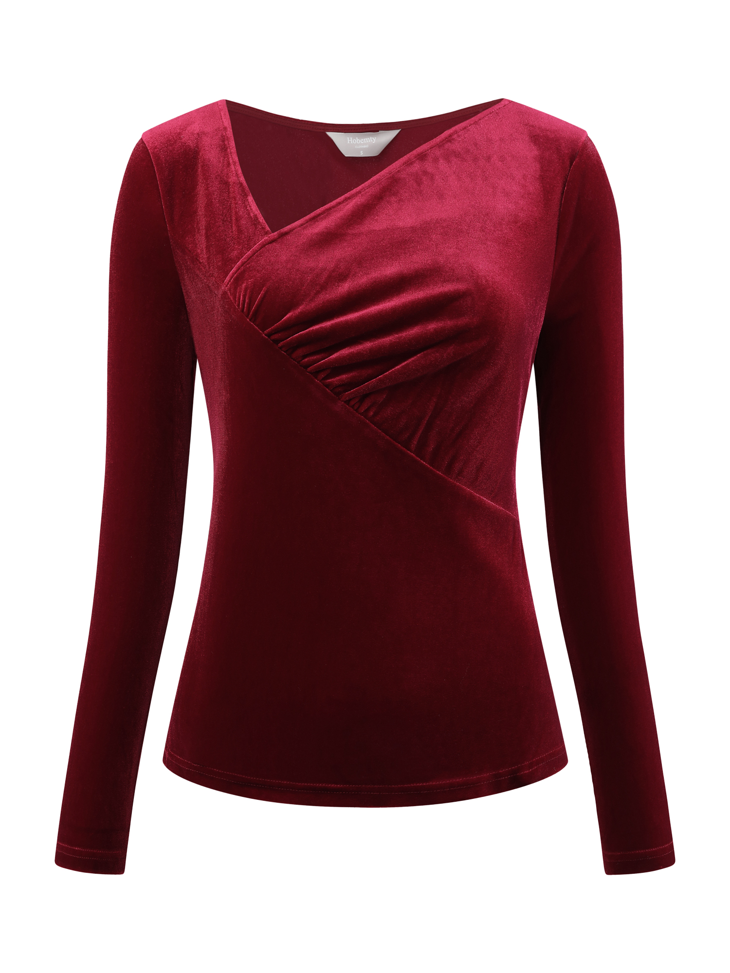 DARING DIVA Women's Asymmetrical Ruched Neck Long Sleeve Velvet Blouse 2XL Wine Red
