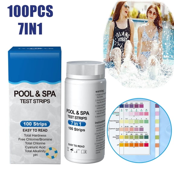 7in1 Spa Pool Test Strips – 100 Accurate Pool Water Test Kit for Bromine, Total Alkalinity, pH, Free Chlorine, Total Hardness, Cyanuric Acid, and Total Chlorine