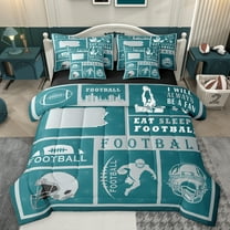 Homewish Football Rugby Teens Twin Bedding Sets 7-Piece, Modern Sports Athlete Bedding Comforter Set, Teal Cartoon Helmet Reversible Sheet Sets, Super Cozy Room Decor