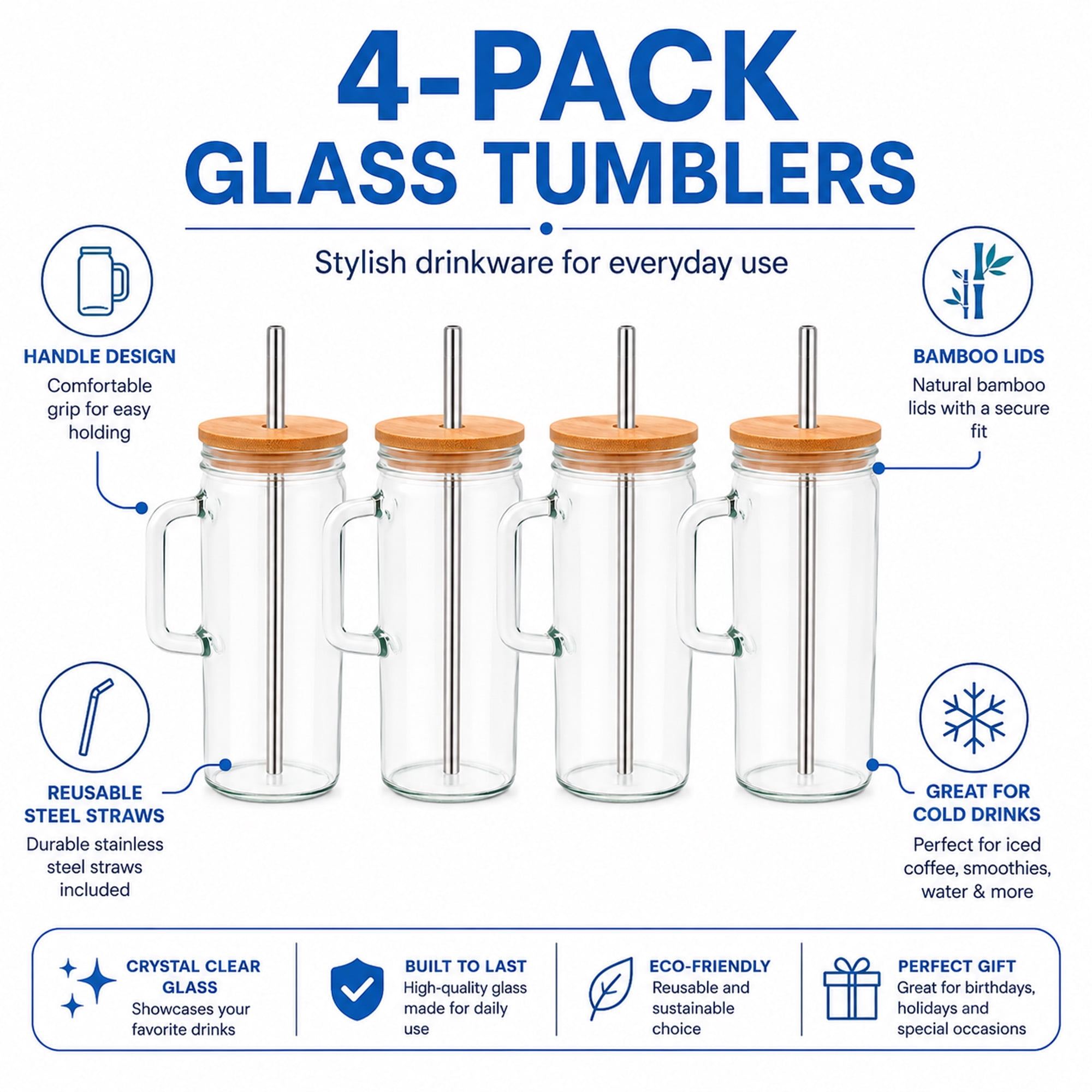 4-Pack Glass Tumblers with Handles, Bamboo Lids, Stainless Steel Straws & Cleaning Brush