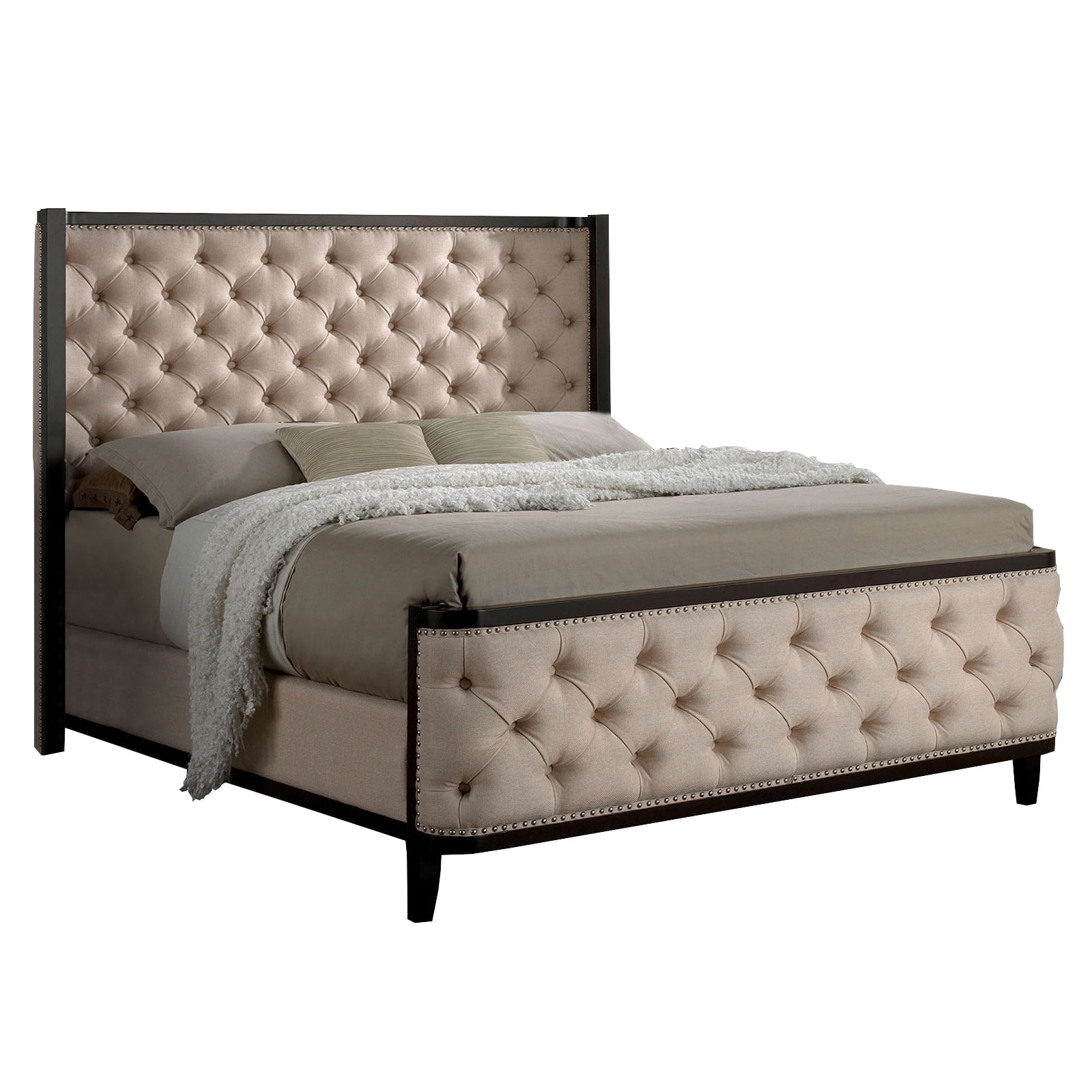 Button Tufted Full Size Bed with Wingback Headboard, Beige and Brown