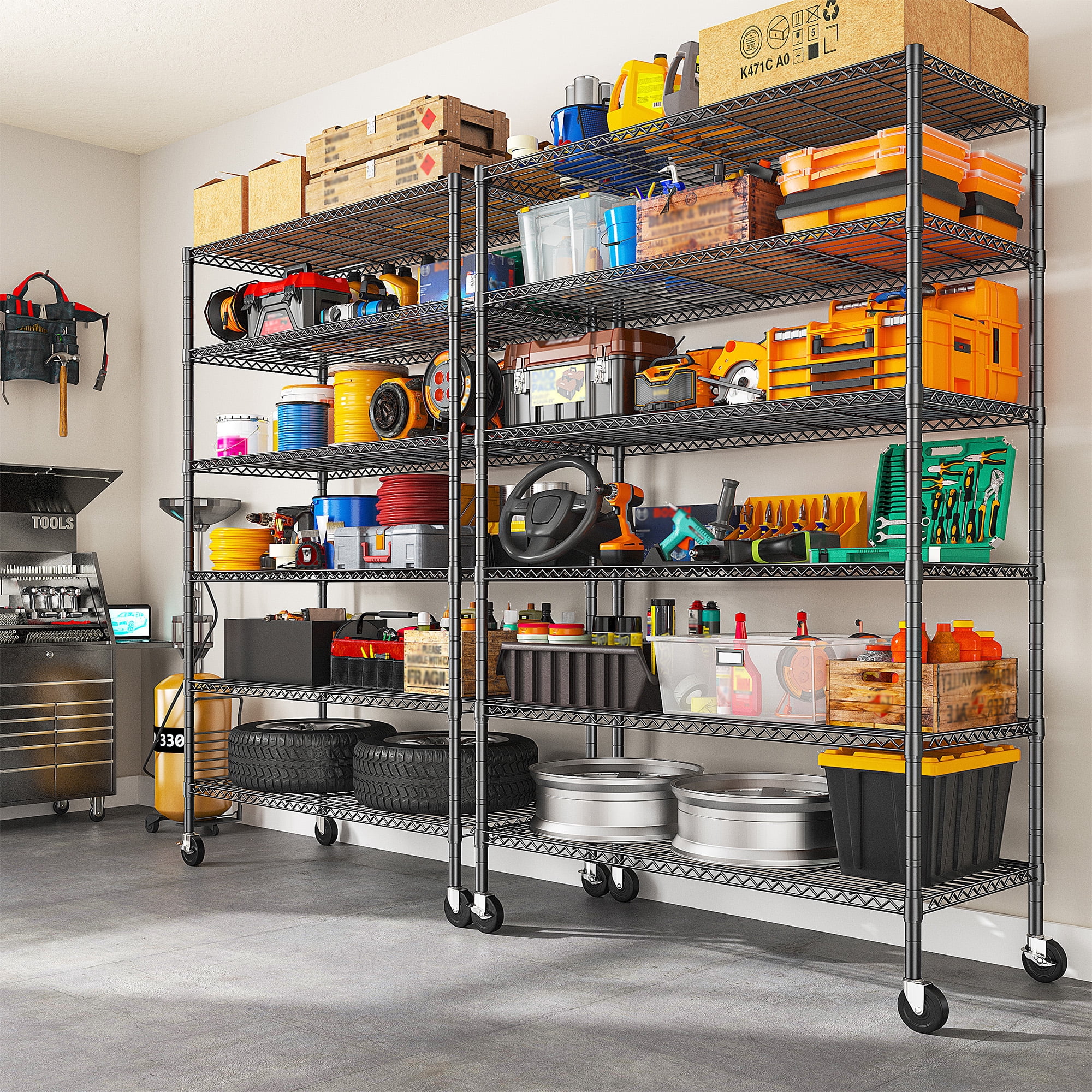 REIBII 6-Tier Wire Shelving Unit with Wheels, 82"H x 45"W x 18"D, 1200LBS Capacity,Adjustable Metal Storage Shelves for Garage,Kitchen,Pantry,Black