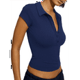 thumbnail image 3 of Hauts à Col pour Femmes à Manches Courtes - Chemises Ajustées à Col en V Boutonnées Bleu Marine P, 3 of 8