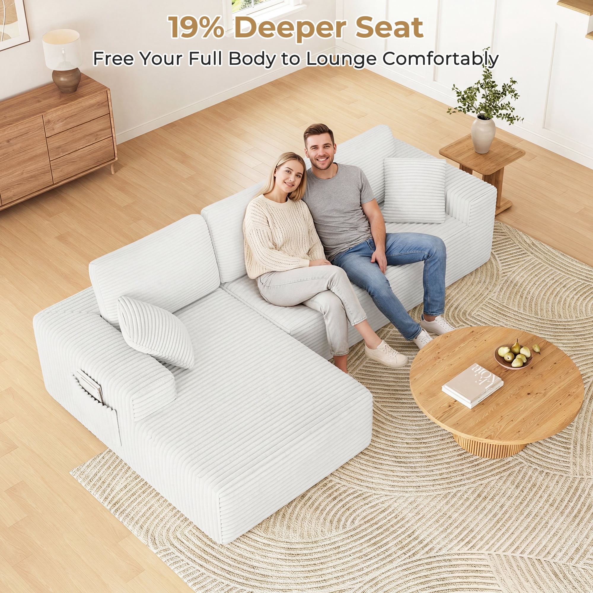 108" Boneless Sofa for Living Room, Neche Modern L-Shaped Corduroy Sectional, Modular Cloud Couch with Deep Seating Upholstered Sofa, Oversized,No Assembly, White