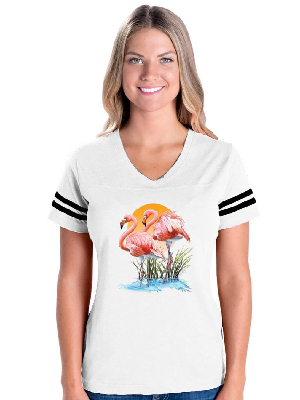 Mom's Favorite Womens Pink Flamingos In Water Football VNeck TShirt