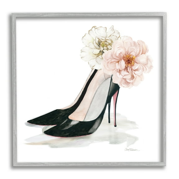 Stupell Industries Pink Floral Black Heels Chic Fashion Shoes Beauty & Fashion Painting Gray Framed Art Print Wall Art, 24 x 24