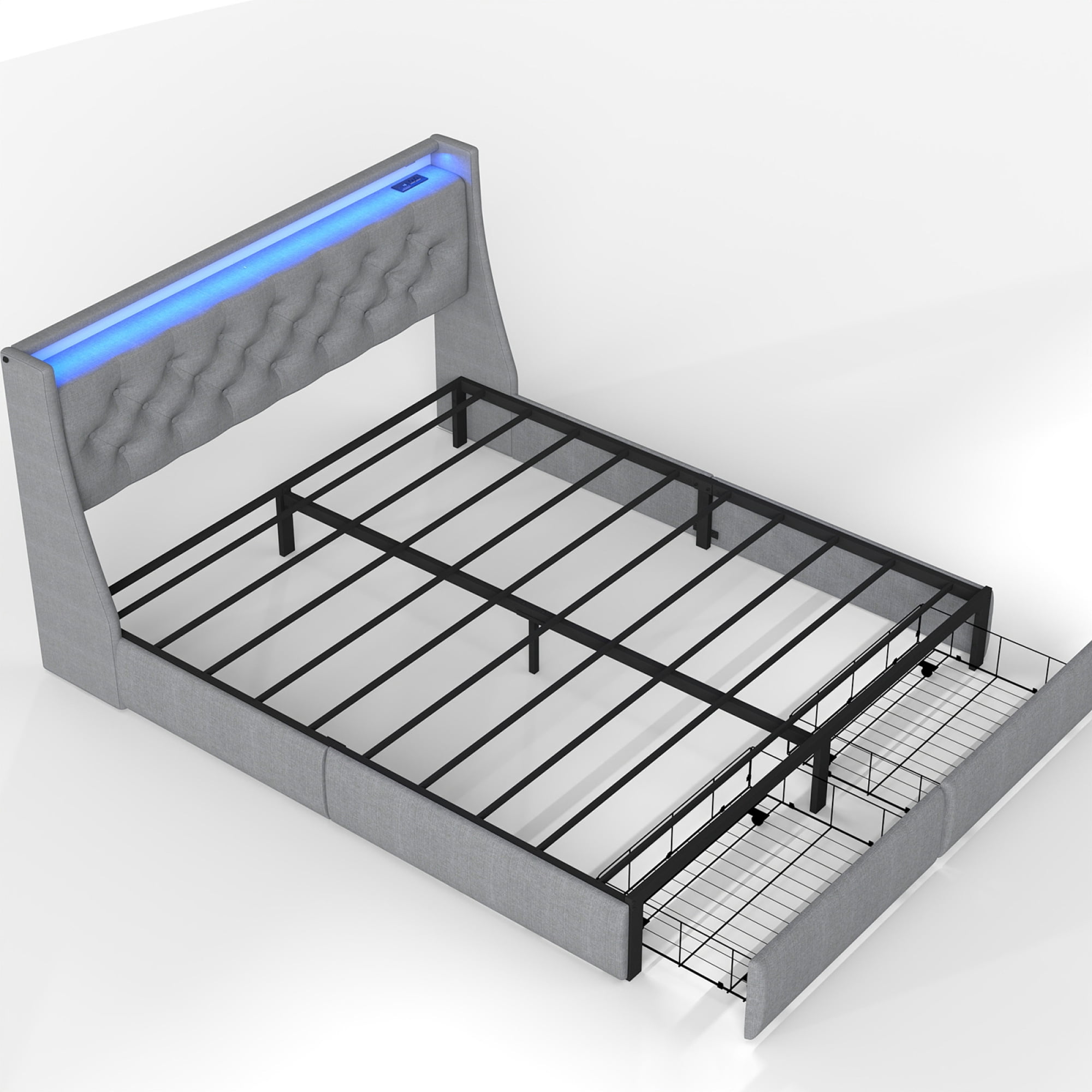 HOQBN Queen Size Metal Platform Bed Frame, Tufted Linen Headboard with 2 Foot Drawers, Remote RGB LED, USB Type-C AC Charging Station, 800LBS Noise Free Slat Support, No Box Spring