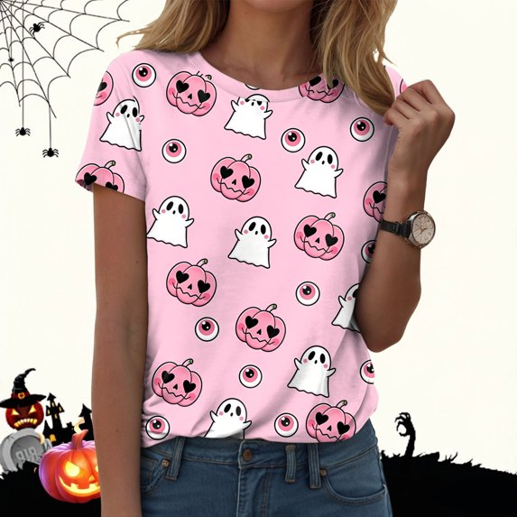 CAICJ98 Women Halloween Shirt Pumpkin T-Shirt Gift Spooky Graphic Tees Short Sleeve Fall Tops Womens Halloween Tshirt (Pink,L)