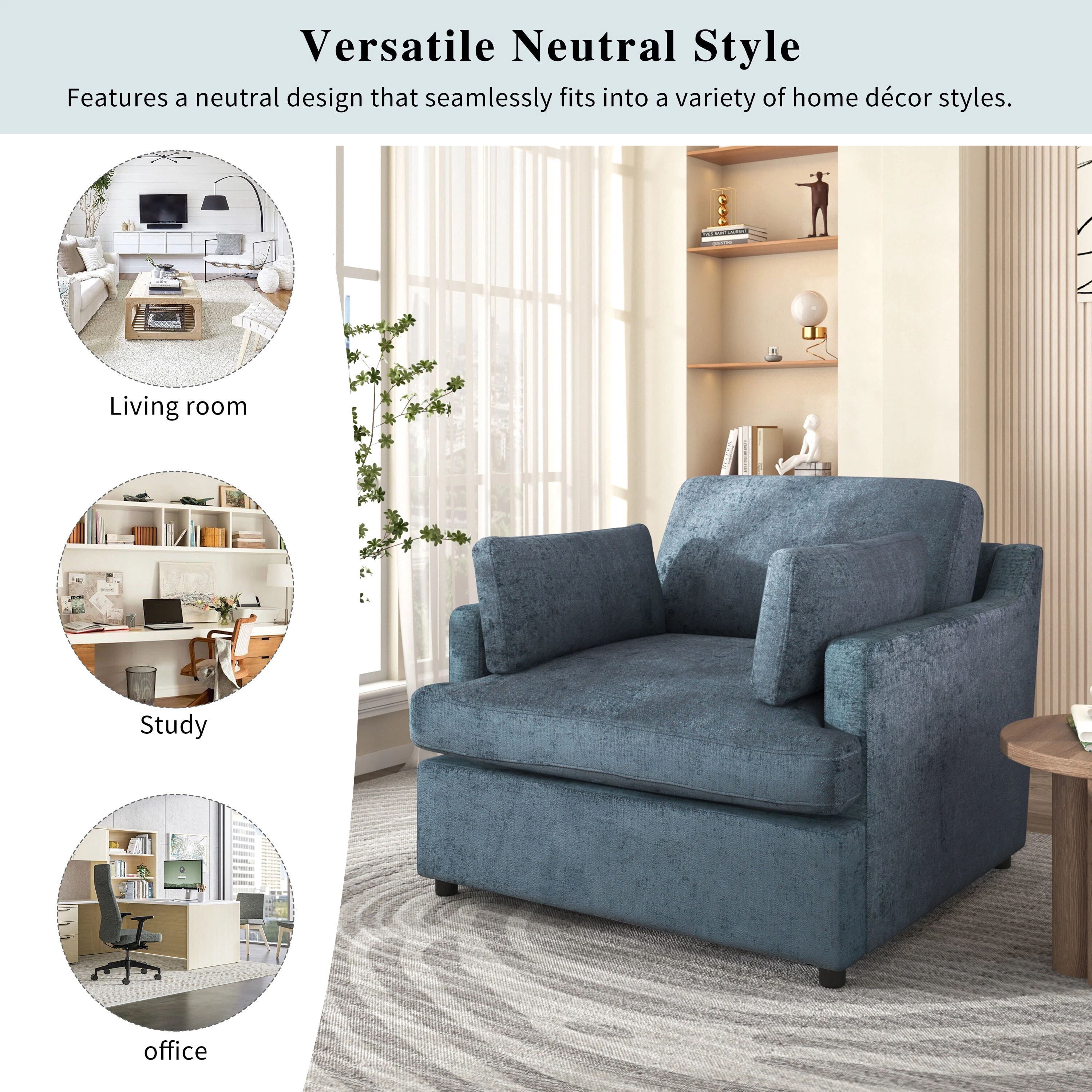 Euroco Oversized Accent Chair, 37" Wide Armchair with 2 Throw Pillow and Deep Seat,Upholstered Modern Lounge Chair,Comfy Reading Chair for Living Room, Bedroom,Blue