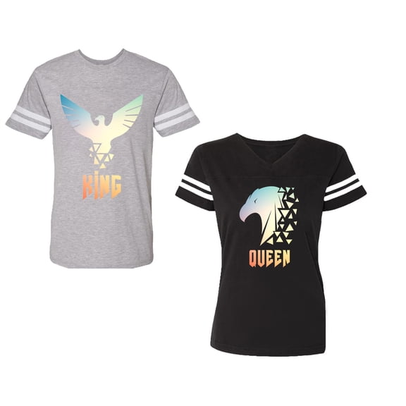 King Queen Eagle Sunny Unisex Couple Matching Cotton Jersey style T-Shirt Contrasting stripes on sleeves (Men Heather / Women Black) (Men S / Women S)
